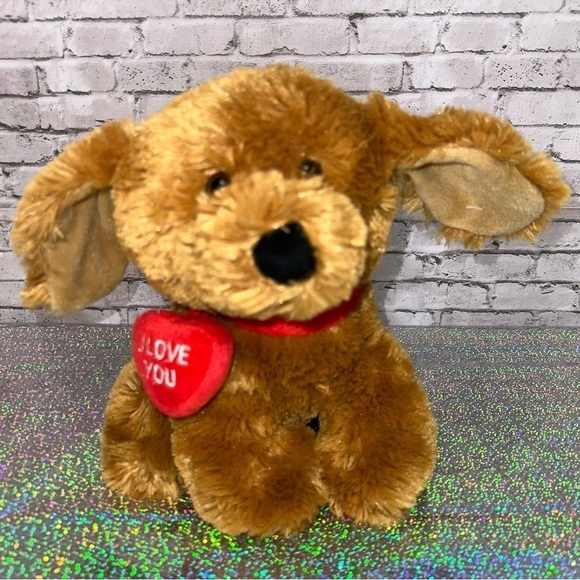 Christa Playful Plush I LOVE YOU Tan DOG Plush Stuffed Animal Red Heart Shaggy - Picture 5 of 11